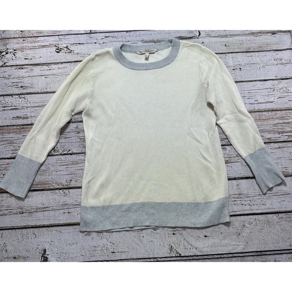 Pact 100% Organic Cotton Rib-Knit Crewneck Sweater Size Small Ivory Gray